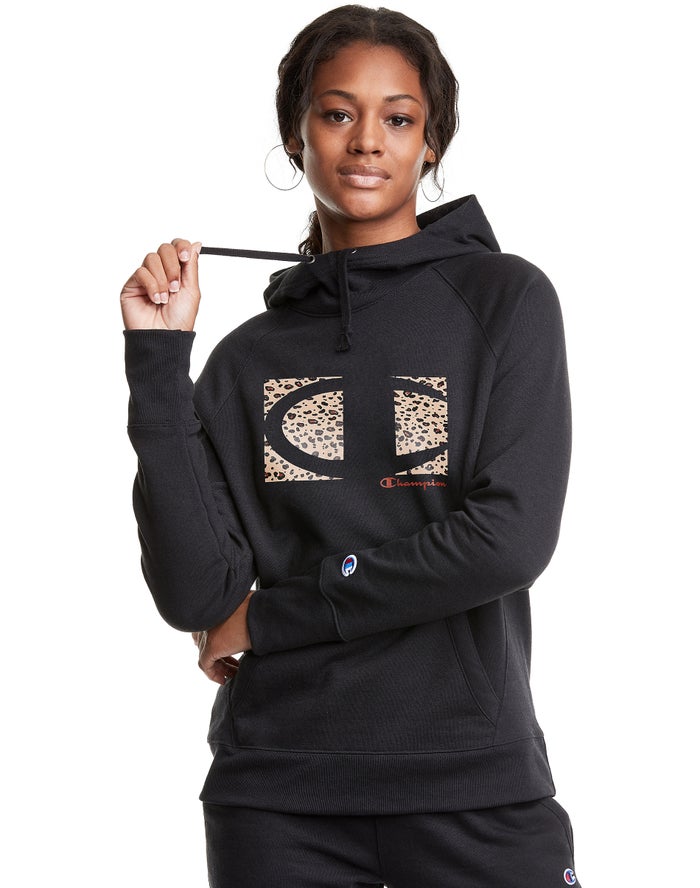 Champion Powerblend Fleece Leopard Colorblock Logo - Naisten Mustat Huppari - Suomi 4981350-YE